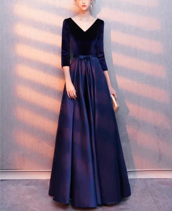 Luolandi Navy Blue V-neckline Satin and Velvet Bridesmaid Dress Wedding Party Dress Evening Dress Formal Dress